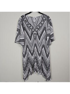 Catherines Womens Crinkle Beaded Tunic Top 2X Black Artsy Eclectic Asymmetric